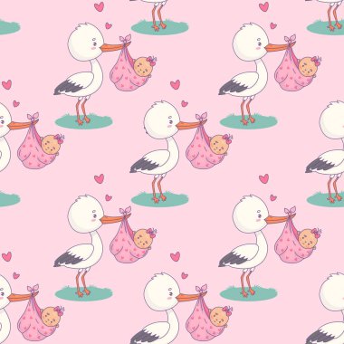 Gagasında leylek olan kusursuz bir desen ve pembe arka planda yeni doğmuş bir kız bebek. Vektör çizimi. Komik çizgi film kuşu kawaii ve çocuksu doğum günü 