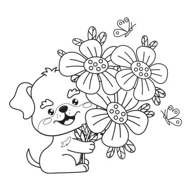 Çiçekli ve kelebekli şirin bir köpek. Çizgi film Holiday kawaii karakterli hayvan yavrusu. Çizgi çizimi, boyama kitabı. Vektör çizimi. Çocuk koleksiyonu.