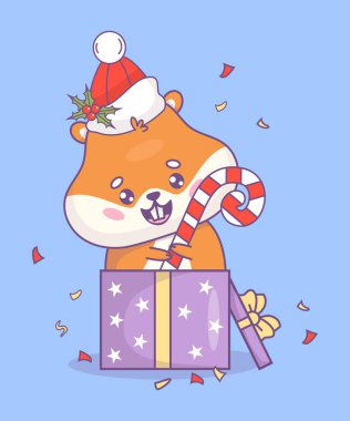 Noel hamsterı şapkalı, Holly 'li ve çizgili şeker kamışlı. Hediye kutusunda Noel süsleri var. Xmas komik tatil çizgi filmi Kawaii karakter hayvanı. Vektör çizimi. Çocuk koleksiyonu.