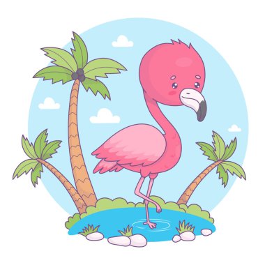 Şirin pembe flamingo tropik palmiye ağaçlarıyla suyun içinde duruyor. Komik çizgi film kawaii kuş karakteri. Vektör çizimi. Çocuk koleksiyonu