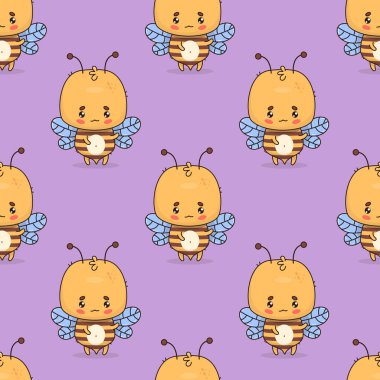 Kusursuz desenli, mor arka planda şirin bir arı. Vektör çizimi. Çizgi film böceği Kawaii karakteri. Çocuk koleksiyonu