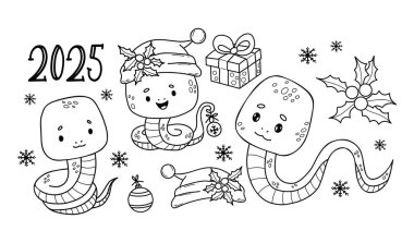 Noel yılanları koleksiyonu. Kış sürüngeni, hediye, Noel Baba şapkası ve balo oyuncağı. İzole edilmiş el çizimleri, boyama kitabı. 2025 Yılan Çin takvimi