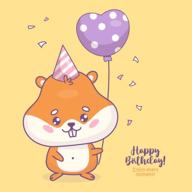 Doğum günü şapkalı, balonlu şirin bir hamster. İçinde çizgi film karakteri olan bir tatil kartı. Vektör çizimi. Çocuk koleksiyonu