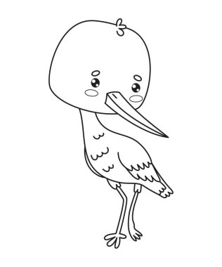 Leylek kuşu. Vektör çizimi. Çizgi film karakteri Kawaii. Çizgi çizimi, boyama kitabı. Vektör çizimi. Çocuk koleksiyonu