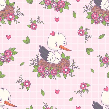 Kusursuz desenli pembe kareli arka planda çiçekli şirin leylek kız yuvasında. Vektör çizimi. Komik çizgi film karakteri Kawaii