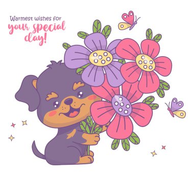 Büyük bir buket çiçekli ve kelebekli mutlu bir köpek. Tatil çizgi filmi kawaii karakterli hayvan yavrusu. Vektör çizimi. Çocuk koleksiyonu