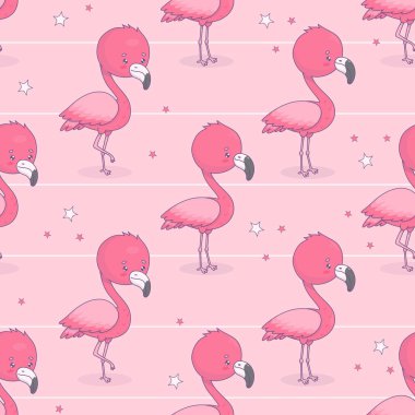Pembe çizgili arka planda sevimli flamingolu kusursuz desen. Komik çizgi film kawaii kuş karakteri. Vektör çizimi. Çocuk koleksiyonu