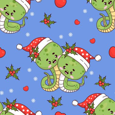 Noel desenli, çift yılanlı, mavi arka planda Noel Baba şapkalı ve Holly 'li. Şirin kawaii sürüngen karakteri. Vektör çizimi. Çin takvimine göre 2025 Yıllık Yılan