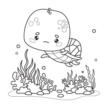 Şirin yüzen kaplumbağa. Çizgi film karakteri olan su altı dünyası. Çizgi çizimi, boyama kitabı. Vektör çizimi. Çocuk koleksiyonu