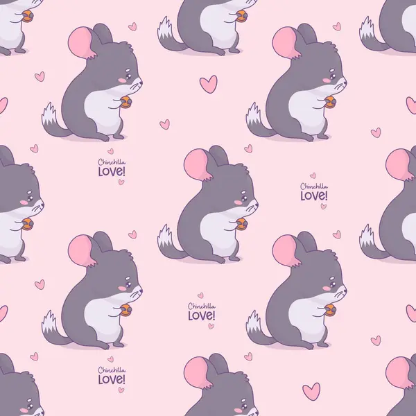 stock vector Seamless pattern with cute chinchilla on pink background with hearts. Funny cartoon kawaii animal rodent. Vector illustration. Kids collection