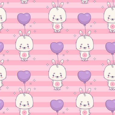 Pembe arka planda balonlu tavşanlı kusursuz desen. Şirin kawaii hayvan karakteri. Vektör çizimi. Çocuk koleksiyonu.