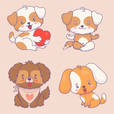 Şirin köpek koleksiyonu. İzole çizgi film kawaii hayvanı. Komik yogi meditasyonları, kalpten romantik, önlüklü tüylü, dili dışarı sarkmış ve büyük kulakları olan. Vektör çizimi. Çocuk koleksiyonu