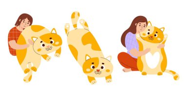 Woman with big toy cat set. Soft plush anti-stress cuddly oversized pillow toy. Person with comfortable cute animal to sleep and play. Isolated vector illustrations in flat style clipart