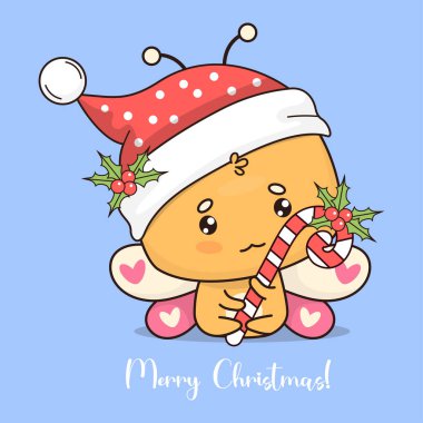 Noel Baba şapkalı Noel kelebeği çizgili şeker kamışı ve Holly. Komik çizgi film karakteri Böcek Kawaii. Vektör çizimi. Güzel bir kutlama kartı. Çocuk koleksiyonu.