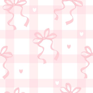 Cute coquette seamless pattern pink ribbon bow on checkered background with hearts. Vector illustration. Trendy aesthetic patterned backdrop clipart