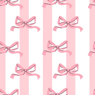 Çizgili arka planda pürüzsüz pembe kurdeleli fiyonk. Moda desenli estetik çizim. Vektör illüstrasyonu