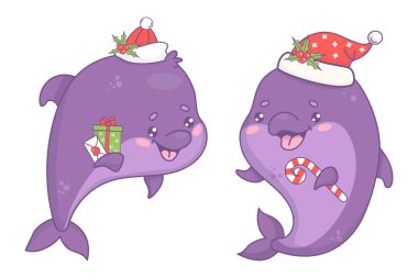 Cute Christmas dolphins in Santa hat with gift and striped candy cane. Isolated New Year underwater holiday cartoon kawaii character animals. Vector illustration. Kids collection clipart