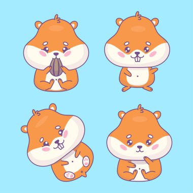Tatlı çizgi film hamsterları Kawaii koleksiyonu. İzole edilmiş komik hayvan karakteri. Vektör çizimi. Çocuk koleksiyonu
