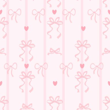 Çizgili arka planda sevimli, estetik, pürüzsüz pembe kurdeleli fiyonk. Vektör çizimi. Moda desenli arka plan