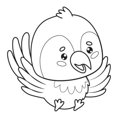 Uçan Ara papağanı. Komik çizgi film kawaii kuşu. Çizgi çizimi, boyama kitabı. Vektör çizimi. Çocuk koleksiyonu