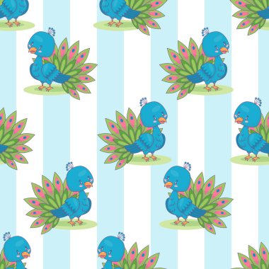 Çizgili arka planda sevimli tavus kuşu deseni olan kusursuz bir model. Komik çizgi film kawaii kuş karakteri. Vektör çizimi. Çocuk koleksiyonu