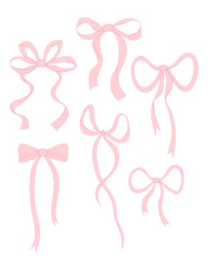 Coquette kız pembesi kurdele koleksiyonu. Tecrit edilmiş estetik aksesuar kızları aksesuar elementleri. Vektör illüstrasyonu