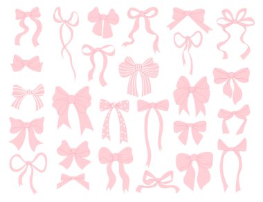 Şirin koket estetik pembe kurdele büyük bir koleksiyon. İzole edilmiş kız bağbozumu elementleri. Vektör çizimi. Moda kızların saç stili aksesuarları