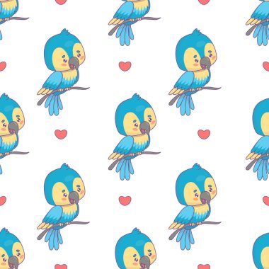 Kusursuz desenli, tatlı Ara papağanı beyaz arka planda, kalbi olan bir papağan. Komik çizgi film kawaii kuş karakteri. Vektör çizimi. Çocuk koleksiyonu