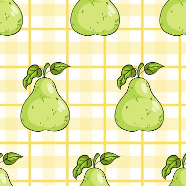 Sarı beyaz kareli arka planda yeşil olgun armut meyveleriyle kusursuz desen. Vektör illüstrasyonu