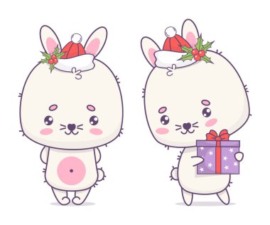 Noel Baba şapkalı şirin tavşan hediye kutusuyla. İzole edilmiş komik çizgi film kawaii hayvan karakteri. Vektör çizimi. Neşeli Çocuk Koleksiyonu