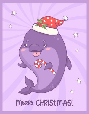 Noel Baba şapkalı, çizgili karamel kaplı neşeli yunus. İçinde şenlikli sualtı çizgi film hayvanı olan dikey Xmas kartı. Vektör illüstrasyonu .