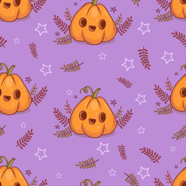 Cadılar Bayramı kusursuz desenli, mor arka planda balkabağı kabaklı Jack O Lantern. Festivalsel tasarım, ambalaj, duvar kağıdı, tekstil için vektör çizimi