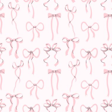 Pembe kurdeleli, parlak arkaplanlı, pürüzsüz desenli bir kurdele. Moda estetik desenli çizim Vektörü illüstrasyonu. 