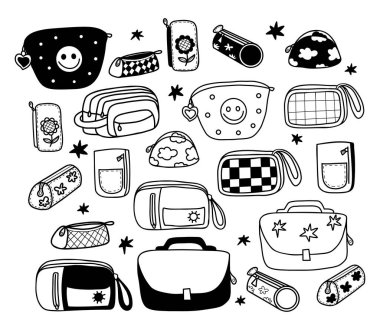 Okul çantası, kalem kutuları, kozmetik çanta ve okul malzemeleri. Vektör çizimi. Tasarım ve dekorasyon için izole edilmiş el çizimleri.