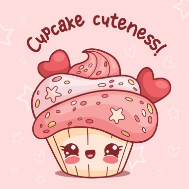 Kalpli, sevimli kremalı kek. Tatlı romantik kawaii çizgi film karakteri ve komik sloganı olan bir kart. Vektör illüstrasyonu