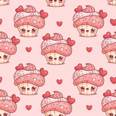 Kusursuz desenli, pembe arka planda kalbi olan romantik kremalı kek. Tatlı tatlı tatlı Kawaii karakteri. Vektör illüstrasyonu