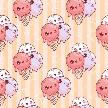 Kusursuz desenli, sevimli topları olan, çizgili sarı arka planda dondurmalı, yıldızlı. Komik tatlı Kawaii karakteri. Vektör illüstrasyonu