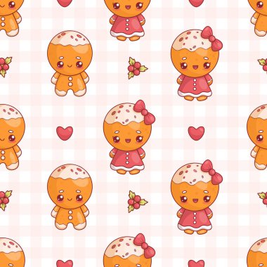 Noel kurabiyeli tatlı bir adam ve Holly 'nin kareli geçmişiyle kusursuz bir desen. Komik geleneksel tatil çizgi filmi Kawaii karakteri yemekleri. Vektör illüstrasyonu