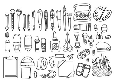 Kırtasiye malzemeleri, okul aksesuarları, sanat malzemeleri, hobi, eğitim malzemeleri karalamaları. Kalemli kalem kutusu, fırça ve boya, yapıştırıcı, silgi, kalem ve zımba seti. Vektör izole çizimleri.