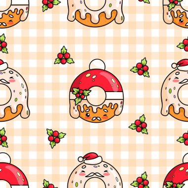 Noel Baba 'nın Noel Baba' yla arkaplanı kareli bej olan ve Holly 'nin de yanında olduğu kusursuz bir desen. Komik geleneksel tatil çizgi filmi Kawaii karakteri yemekleri. Vektör illüstrasyonu