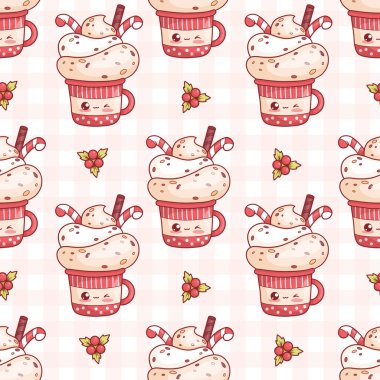 Kusursuz desenli, şirin kırmızı bardaklı, kremalı tatlı ve Holly 'nin kareli arka planında çizgili şeker kamışlı. Komik tatil tatlı kawaii karakteri. Vektör illüstrasyonu