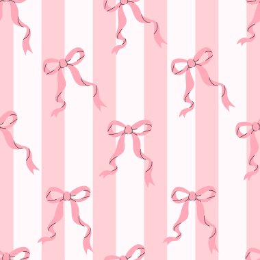 Çizgili beyaz arka planda koka estetiği olmayan pembe kurdeleli fiyonk. Moda desenli çizim arkaplanı. Vektör illüstrasyonu