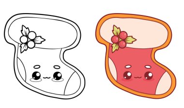 Noel zencefilli ekmeği Holly ile birlikte. İzole edilmiş dış hat ve renk çizimi. Geleneksel geleneksel hamur işi kawaii çizgi film karakteri. Çizgi çizimi, boyama kitabı. Vektör çizimi. Çocuk koleksiyonu