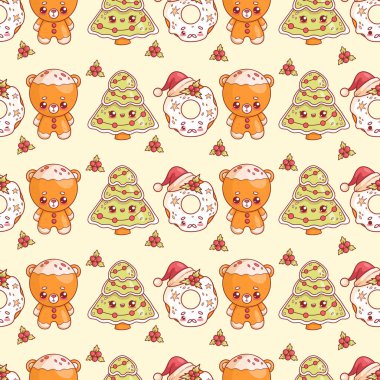 Noel ağacı, çelenk, çörek Noel Baba ve Holly ile birlikte açık sarı arka planda. Komik geleneksel tatil kawaii karakter yemekleri. Vektör illüstrasyonu