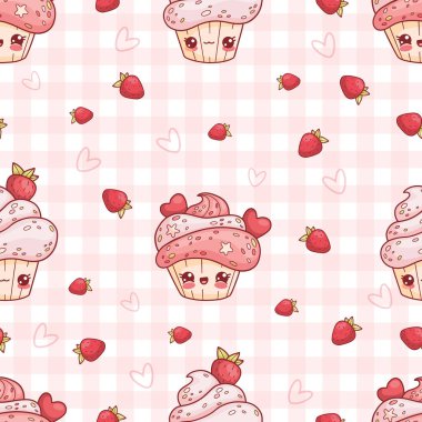 Pembe beyaz kareli arka planda çilekli tatlı kremalı kek ile kusursuz desen. Tatlı tatlı tatlı Kawaii karakteri. Vektör illüstrasyonu