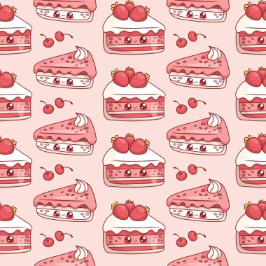 Kusursuz desenli, şirin bir dilim doğum günü pastası pembe arka planda çilekli, kirazlı. Komik tatil kawaii çizgi film karakteri. Vektör çizimi. Çocuk koleksiyonu