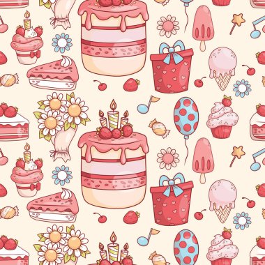 Kusursuz tatil modeli. Mumlu ve çilekli kremalı pasta, kremalı tatlı, kek ve dondurma, hediye, çiçek buketi ve arka planda balon. Vektör illüstrasyonu