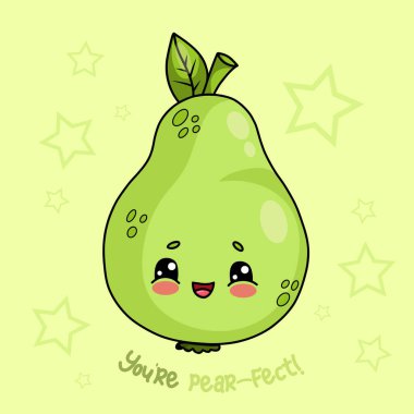 Şirin yeşil armut. Çizgi film komik kawaii meyve karakteri. Sloganlı havalı bir kart. Vektör illüstrasyonu