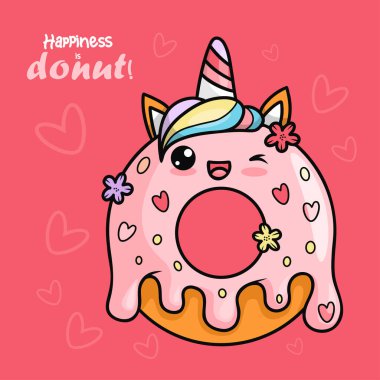 Tatlı tatlı donut unicorn damlayan jöleli. Pembe arka planda lezzetli hamur işleri çizgi film karakteri Kawaii 'nin olduğu bir kart. Vektör çizimi. Çocuk koleksiyonu