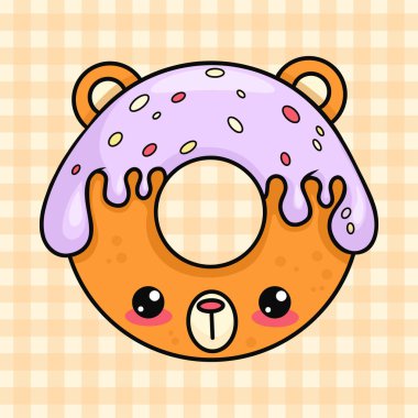 Düşen meyve jöleli tatlı donut ayısı. Çizgi film kawaii karakteri tatlı yemekli komik bir kart. Vektör çizimi. Çocuk koleksiyonu